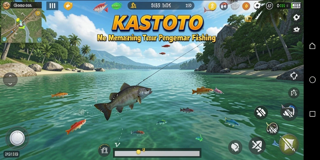 Tampilan gameplay KASTOTO dengan aksi memancing yang mendebarkan.