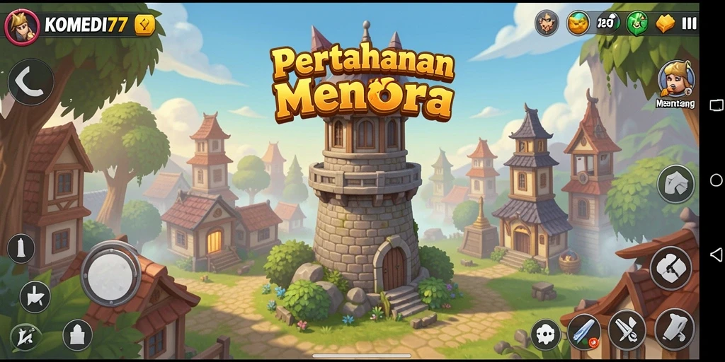 Tampilan gameplay KOMEDI77 dengan menara pertahanan yang lucu dan serangan musuh.