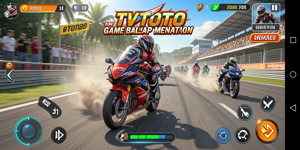 Screenshot gameplay TVTOTO, menunjukkan balapan motor yang intens dan seru.